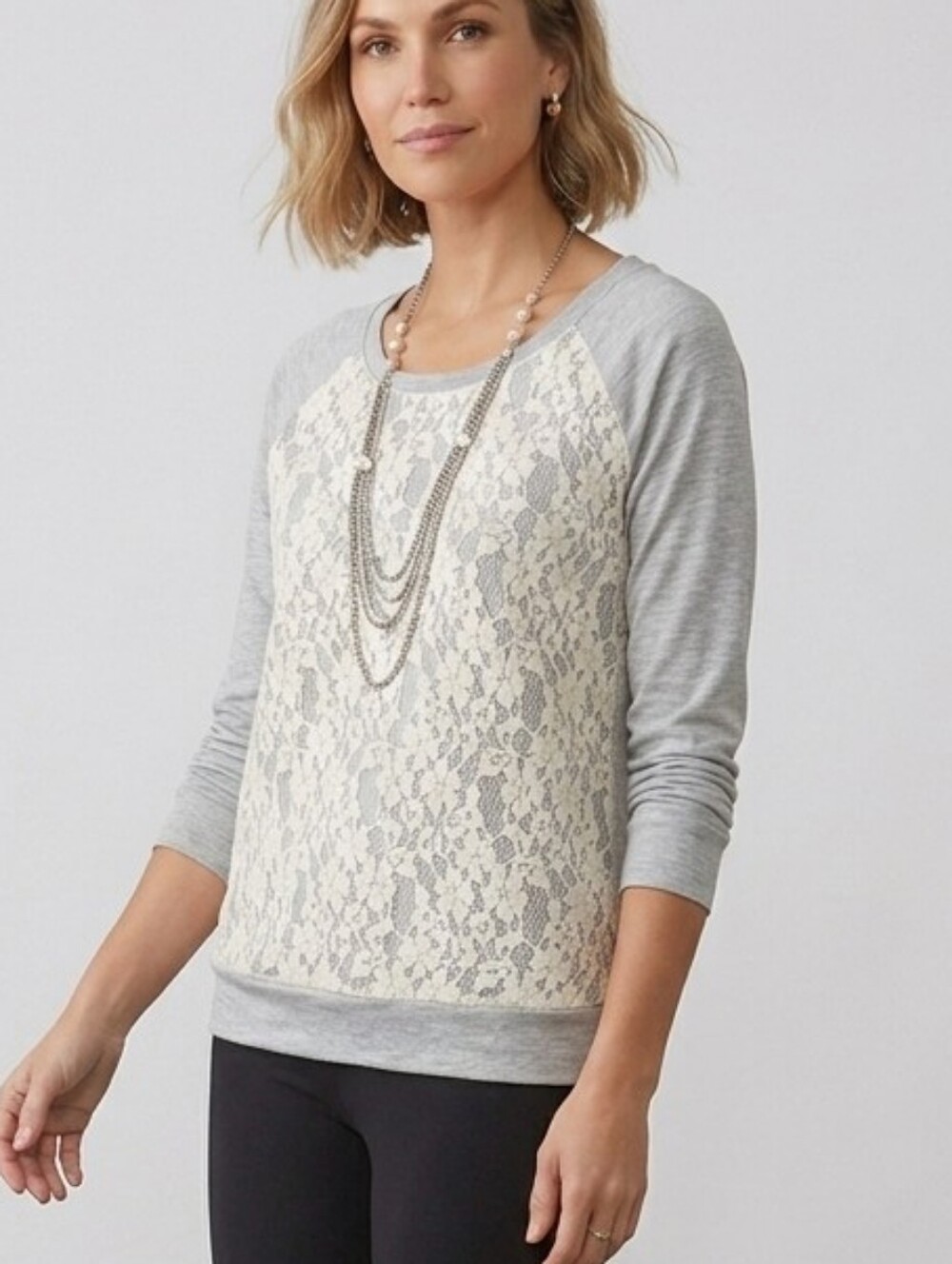 Cha Cha Vente Grey Lace Panel Raglan Boho Top Med